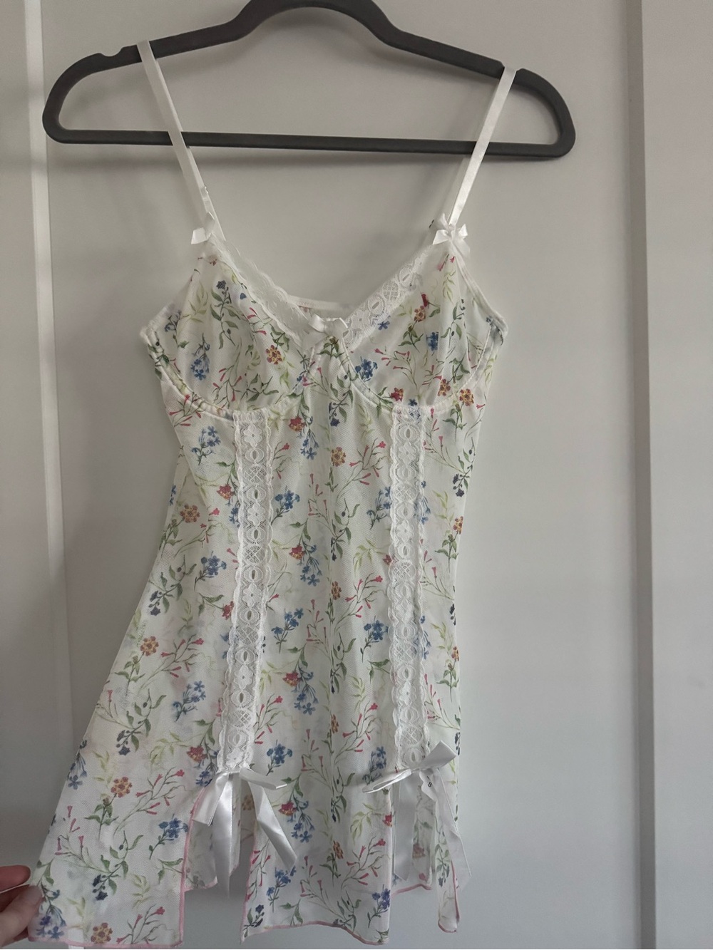 Floral Lace Trim Chemise Slip - White with Multicolor Floral